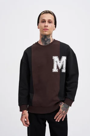 Erkek M Logo Patchwork Sweatshirt Kahverengi-Siyah
