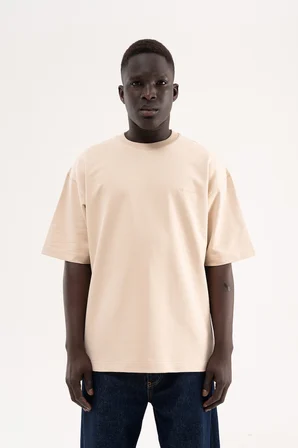 Erkek Basic Pamuklu Oversize Tişört Açık Bej