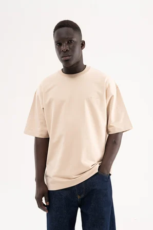 Erkek Basic Pamuklu Oversize Tişört Açık Bej