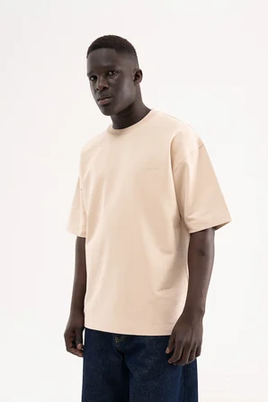 Erkek Basic Pamuklu Oversize Tişört Açık Bej