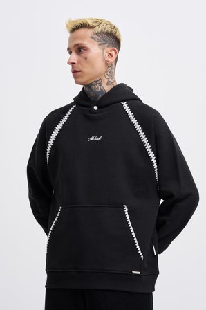 Erkek Crochet Embroidered Kapüşonlu Sweatshirt Siyah
