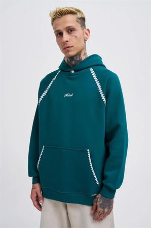 Erkek Crochet Embroidered Kapüşonlu Sweatshirt Yağ Yeşili
