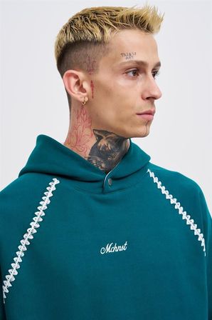 Erkek Crochet Embroidered Kapüşonlu Sweatshirt Yağ Yeşili