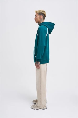 Erkek Crochet Embroidered Kapüşonlu Sweatshirt Yağ Yeşili