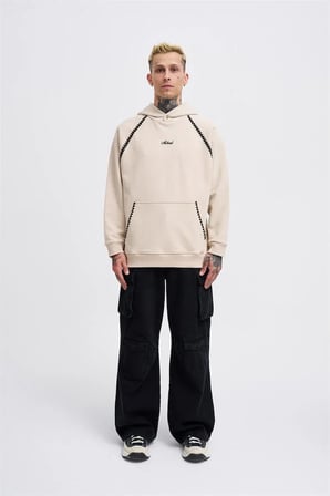 Erkek Crochet Embroidered Kapüşonlu Sweatshirt Açık Bej