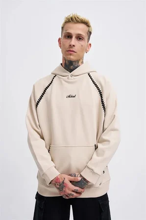 Erkek Crochet Embroidered Kapüşonlu Sweatshirt Açık Bej