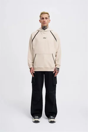 Erkek Crochet Embroidered Kapüşonlu Sweatshirt Açık Bej