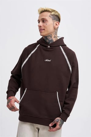 Erkek Crochet Embroidered Kapüşonlu Sweatshirt Kahverengi
