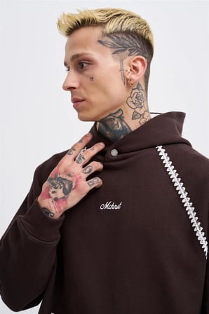 Erkek Crochet Embroidered Kapüşonlu Sweatshirt Kahverengi
