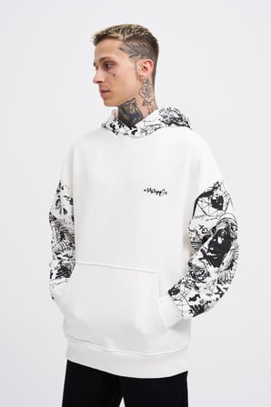 Erkek Graffiti Printed Hoodie Ekru
