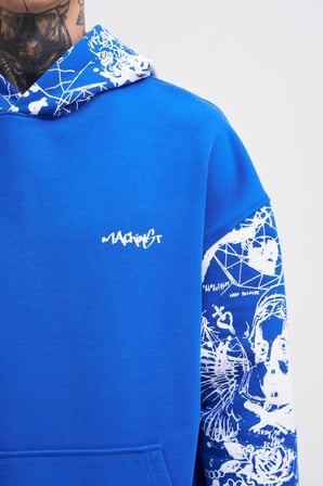 Erkek Graffiti Printed Hoodie Açık Mavi