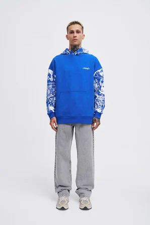 Erkek Graffiti Printed Hoodie Açık Mavi