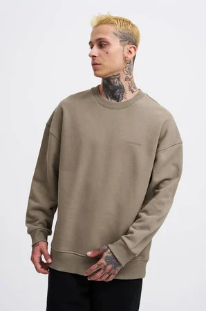 Erkek Basic Diagonal Swearshirt Haki