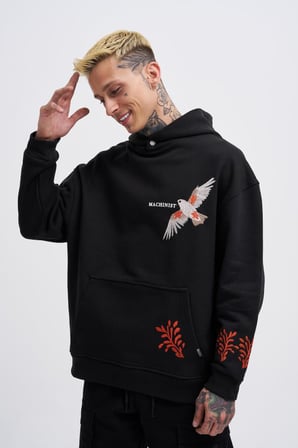 Erkek Embroidery Bird Kapüşonlu Sweatshirt Siyah