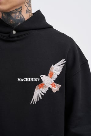 Erkek Embroidery Bird Kapüşonlu Sweatshirt Siyah