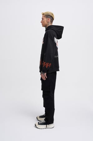 Erkek Embroidery Bird Kapüşonlu Sweatshirt Siyah