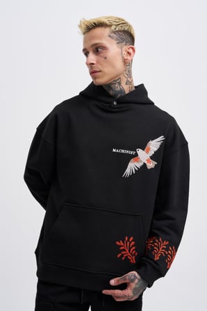 Erkek Embroidery Bird Kapüşonlu Sweatshirt Siyah