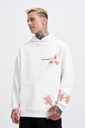 Erkek Embroidery Bird Kapüşonlu Sweatshirt Ekru