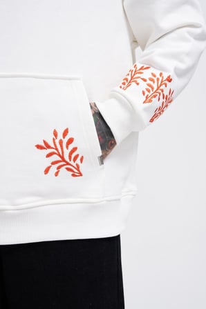 Erkek Embroidery Bird Kapüşonlu Sweatshirt Ekru
