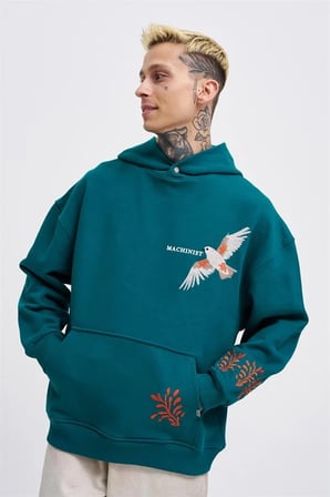 Erkek Embroidery Bird Kapüşonlu Sweatshirt Yağ Yeşili