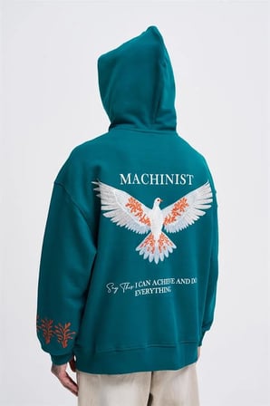 Erkek Embroidery Bird Kapüşonlu Sweatshirt Yağ Yeşili