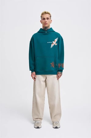 Erkek Embroidery Bird Kapüşonlu Sweatshirt Yağ Yeşili