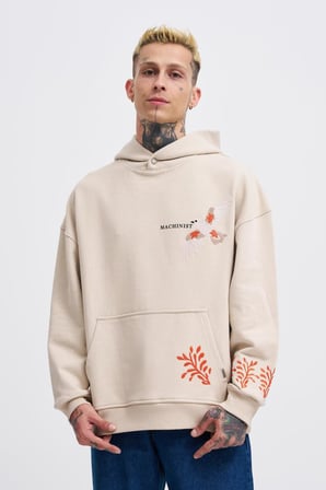 Erkek Embroidery Bird Kapüşonlu Sweatshirt Açık Bej