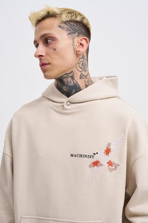 Erkek Embroidery Bird Kapüşonlu Sweatshirt Açık Bej