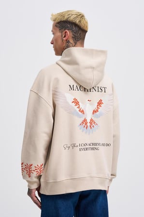 Erkek Embroidery Bird Kapüşonlu Sweatshirt Açık Bej