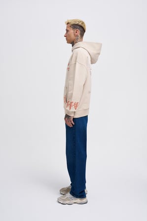 Erkek Embroidery Bird Kapüşonlu Sweatshirt Açık Bej