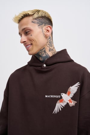 Erkek Embroidery Bird Kapüşonlu Sweatshirt Koyu Kahverengi