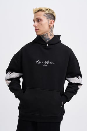 Erkek Birds Embroidered Kapüşonlu Sweatshirt Siyah