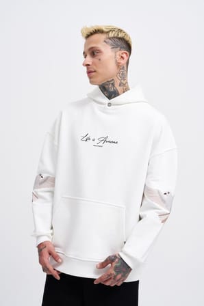Erkek Birds Embroidered Kapüşonlu Sweatshirt Ekru