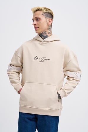 Erkek Birds Embroidered Kapüşonlu Sweatshirt Açık Bej