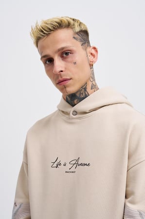Erkek Birds Embroidered Kapüşonlu Sweatshirt Açık Bej