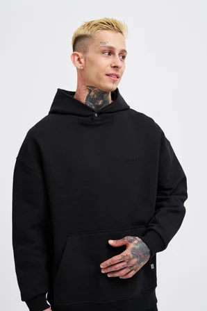 Erkek Basic Diagonel Kapüşonlu Sweatshirt Siyah