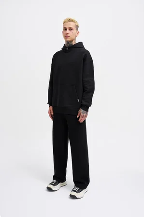 Erkek Basic Diagonel Kapüşonlu Sweatshirt Siyah