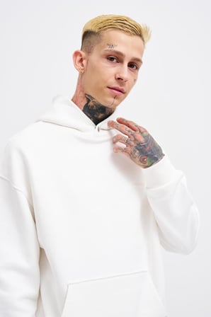 Erkek Basic Diagonel Kapüşonlu Sweatshirt Ekru