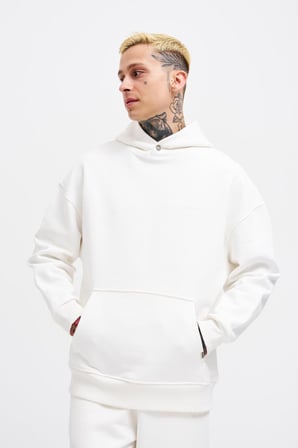 Erkek Basic Diagonel Kapüşonlu Sweatshirt Ekru