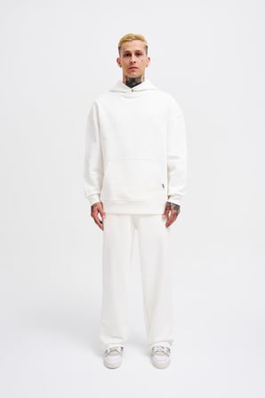 Erkek Basic Diagonel Kapüşonlu Sweatshirt Ekru