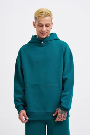 Erkek Basic Diagonel Kapüşonlu Sweatshirt Yağ Yeşili