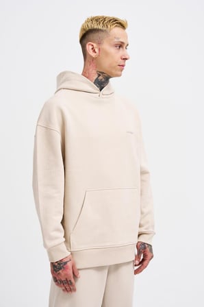 Erkek Basic Diagonel Kapüşonlu Sweatshirt Açık Bej