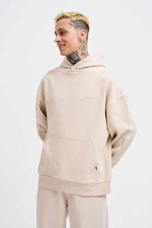 Erkek Basic Diagonel Kapüşonlu Sweatshirt Açık Bej