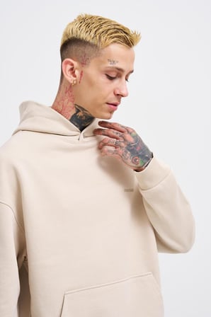Erkek Basic Diagonel Kapüşonlu Sweatshirt Açık Bej