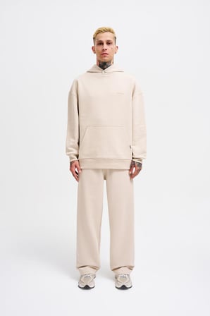 Erkek Basic Diagonel Kapüşonlu Sweatshirt Açık Bej
