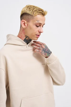 Erkek Basic Diagonel Kapüşonlu Sweatshirt Açık Bej