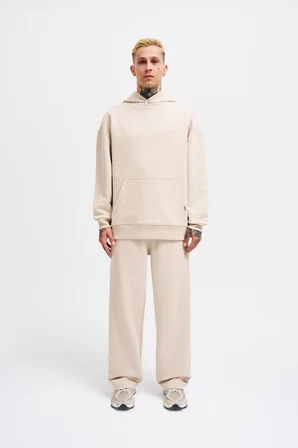 Erkek Basic Diagonel Kapüşonlu Sweatshirt Açık Bej