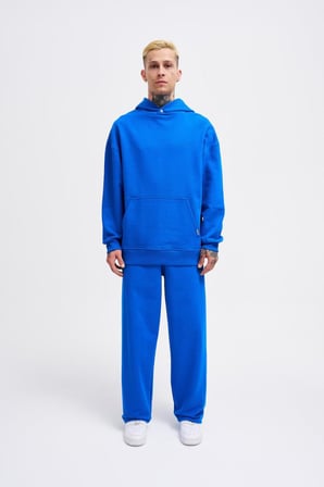 Erkek Basic Diagonel Kapüşonlu Sweatshirt Açık Mavi