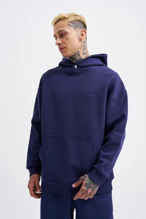 Erkek Basic Diagonel Kapüşonlu Sweatshirt Gece Mavisi