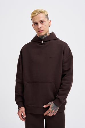Erkek Basic Diagonel Kapüşonlu Sweatshirt Koyu Kahverengi